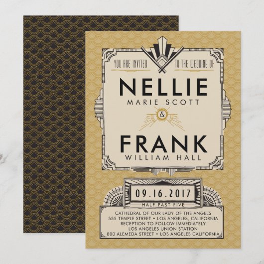 Uitnodigingen voor Black and Gold Great Gatsby Wed (Voorkant / Achterkant)