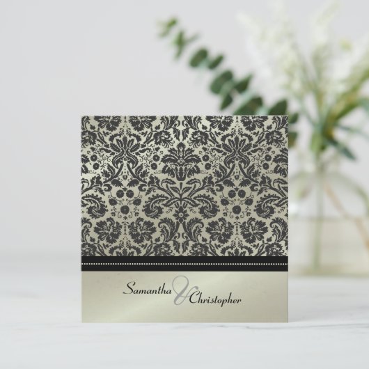 Uitnodigingen voor Black Damask/faux Silver bruilo (Staand voorkant)
