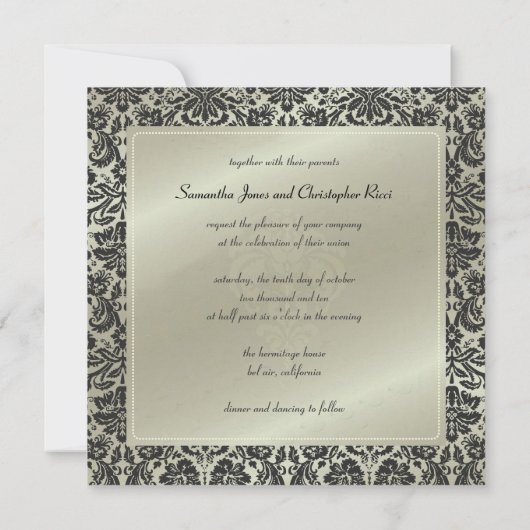 Uitnodigingen voor Black Damask/faux Silver bruilo (Achterkant)