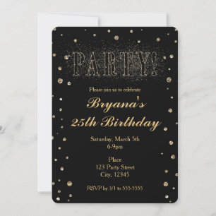 Uitnodigingen voor Black & Gold Faux Glitter PARTY