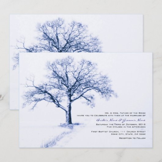 Uitnodigingen voor blauwe en witte winterbruiloft (Voorkant / Achterkant)