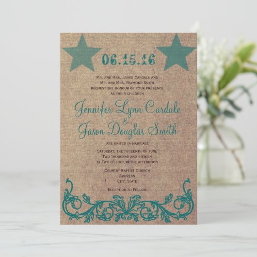 Uitnodigingen voor Blauwgroen bruiloft in Rustic C (Staand voorkant)