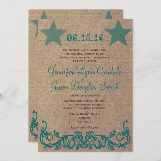 Uitnodigingen voor Blauwgroen bruiloft in Rustic C (Voorkant / Achterkant)