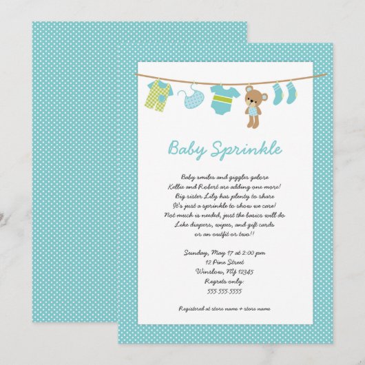 Uitnodigingen voor blauwgroen jongen Clothesline b (Voorkant / Achterkant)