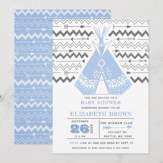 Uitnodigingen voor Boy Tribal TeePee Baby Shower (Voorkant / Achterkant)