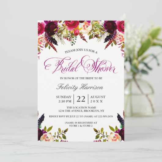 Uitnodigingen voor bruidsdouche | Floral Boho (Staand voorkant)