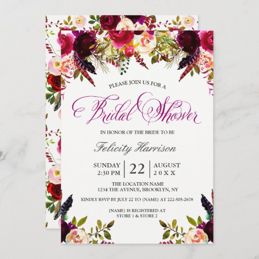 Uitnodigingen voor bruidsdouche | Floral Boho (Voorkant / Achterkant)