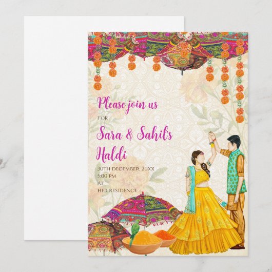 Uitnodigingen voor bruiloft Haldi en Haldi (Voorkant / Achterkant)