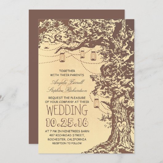 Uitnodigingen voor bruiloft met rotsbomen en moera (Voorkant / Achterkant)