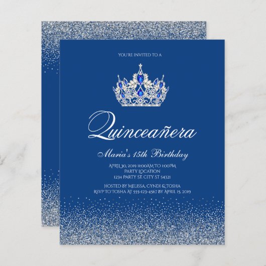 Uitnodigingen voor Budget Royal Blue Quinceanera (Voorkant / Achterkant)