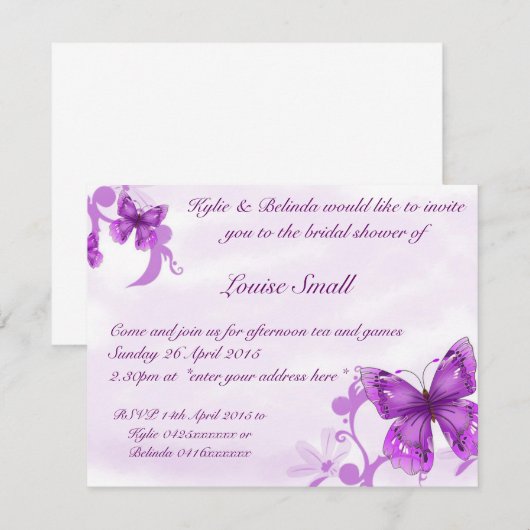 Uitnodigingen voor Butterfly Bridal Shower (Voorkant / Achterkant)