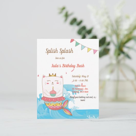 Uitnodigingen voor Cat mermaid-verjaardagsfeestjes (Staand voorkant)