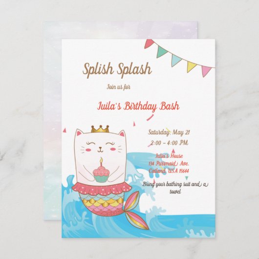 Uitnodigingen voor Cat mermaid-verjaardagsfeestjes (Voorkant / Achterkant)