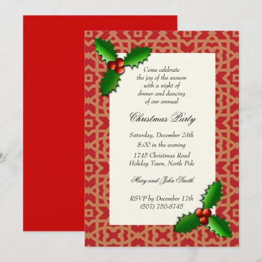 Uitnodigingen voor Christmas Holly Holiday Party (Voorkant / Achterkant)