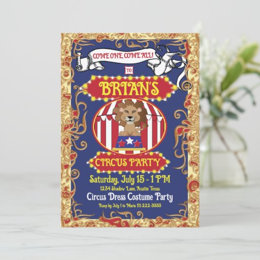 Uitnodigingen voor circus themafeest (Staand voorkant)