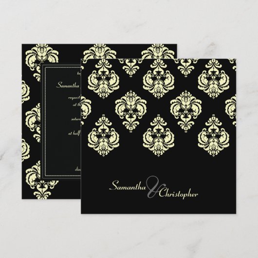 Uitnodigingen voor crème-Damask/zwarte bruiloft (Voorkant / Achterkant)