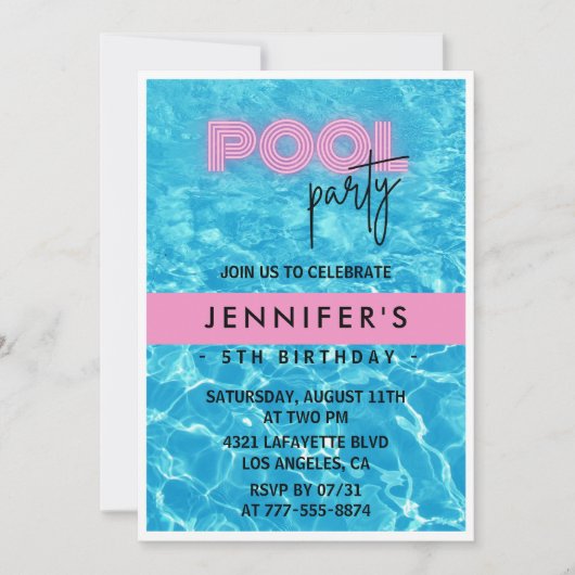 Uitnodigingen voor de 5e verjaardag Pool Party Sum (Voorkant)
