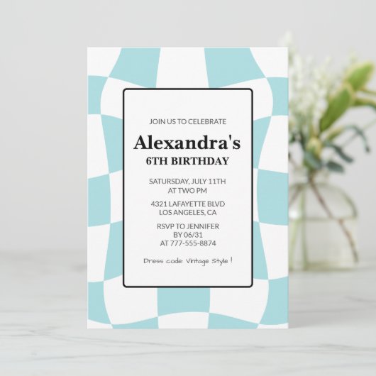 Uitnodigingen voor de 6e verjaardag Retro Checkere (Staand voorkant)
