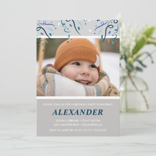 Uitnodigingen voor de 7e verjaardag Boy Confetti P (Staand voorkant)