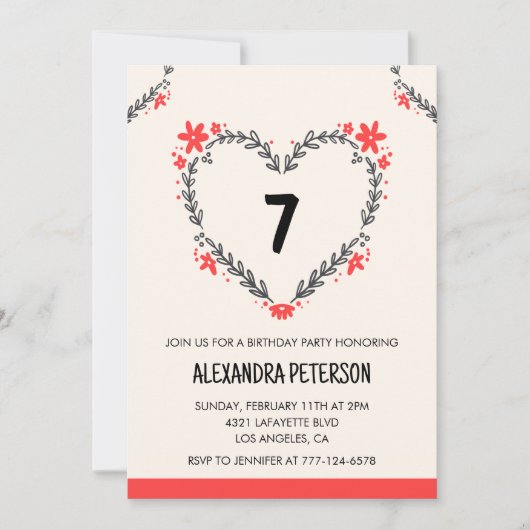 Uitnodigingen voor de 7e verjaardag voor haar bloe (Voorkant)