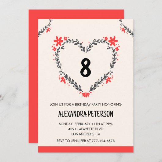 Uitnodigingen voor de 8e verjaardag voor haar bloe (Voorkant / Achterkant)