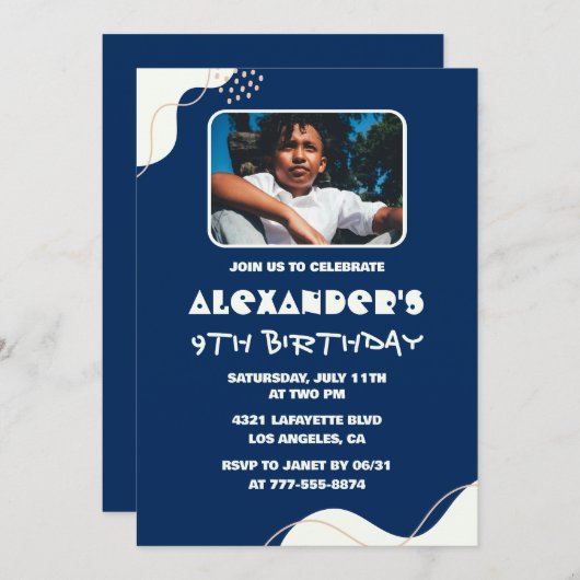 Uitnodigingen voor de 9e verjaardag Boy Photo Simp (Voorkant / Achterkant)