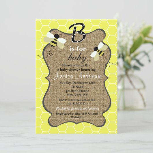 Uitnodigingen voor de Bee and Burlap Baby Shower (Staand voorkant)