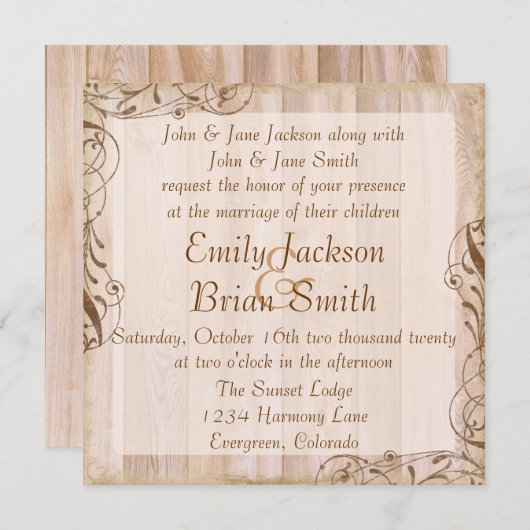 Uitnodigingen voor de bruiloft met roestbruin hout (Voorkant / Achterkant)