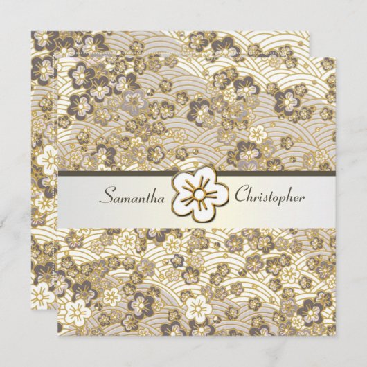 Uitnodigingen voor de bruiloft Tan Sakura Chirimen (Voorkant / Achterkant)