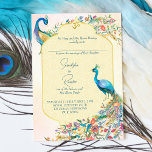 Uitnodigingen voor de bruiloft van Peacock Indian<br><div class="desc">Floral Peacock Indian Hindu bruiloft nodigt sjabloon uit. Twee pauzes met bloeiende veren,  traditionele oosterse grens,  om een hindoe bruiloft te tekenen.</div>