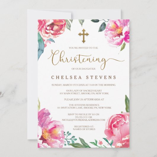 Uitnodigingen voor de doop | Roze pioenen (Voorkant)