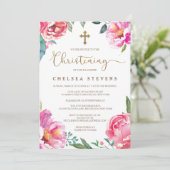 Uitnodigingen voor de doop | Roze pioenen (Staand voorkant)