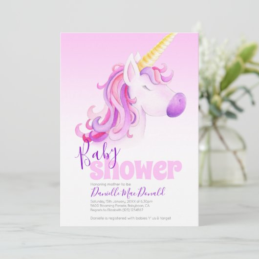 Uitnodigingen voor de douche van een roze eenhoorn (Staand voorkant)