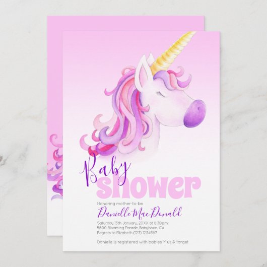 Uitnodigingen voor de douche van een roze eenhoorn (Voorkant / Achterkant)