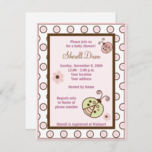 Uitnodigingen voor de douche van Lullabye Ladybug (Voorkant / Achterkant)