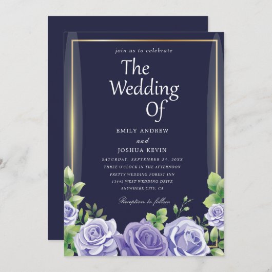 uitnodigingen voor de groenmarine en paarse bruilo (Voorkant / Achterkant)