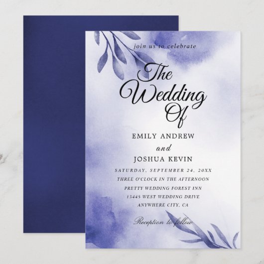 Uitnodigingen voor de legante marine en paarse bru (Voorkant / Achterkant)