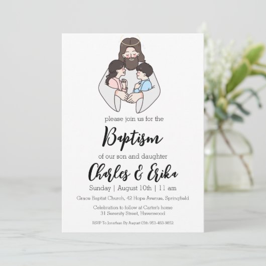 Uitnodigingen voor de moderne tweelingdoop (Staand voorkant)