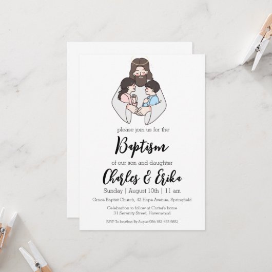 Uitnodigingen voor de moderne tweelingdoop (Voorkant / Achterkant in situ)