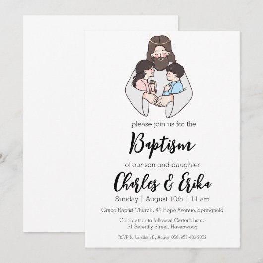 Uitnodigingen voor de moderne tweelingdoop (Voorkant / Achterkant)