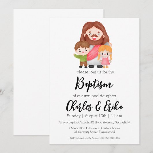 Uitnodigingen voor de moderne tweelingdoop (Voorkant / Achterkant)