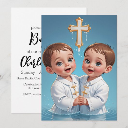 Uitnodigingen voor de moderne tweelingdoop (Voorkant / Achterkant)