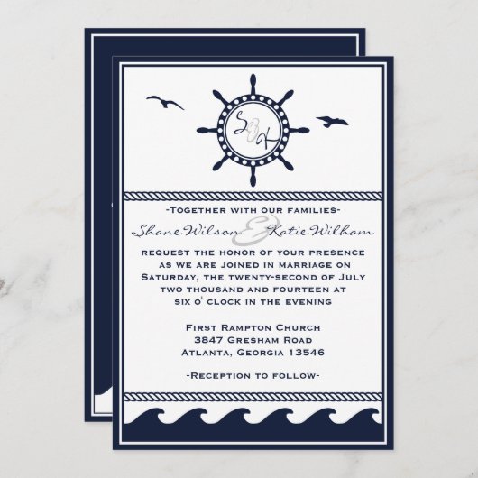 Uitnodigingen voor de Nautische marineblauwe en wi (Voorkant / Achterkant)