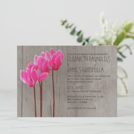 Uitnodigingen voor de Rustic Cyclamen Wedding (Staand voorkant)