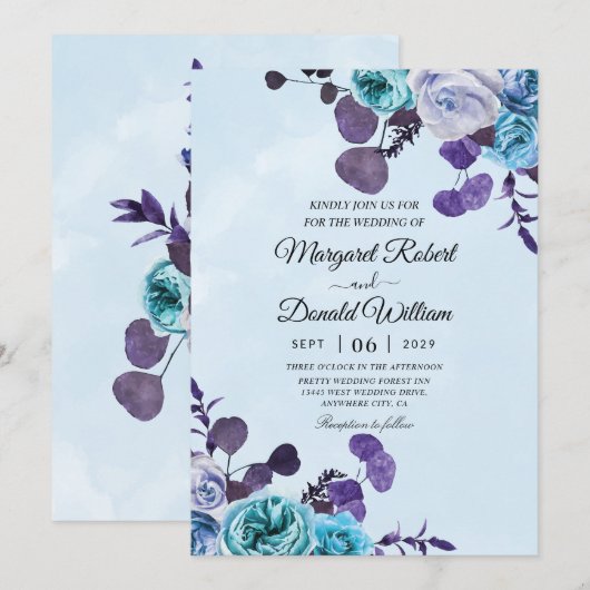 uitnodigingen voor de sky blue en paarse bruiloft (Voorkant / Achterkant)