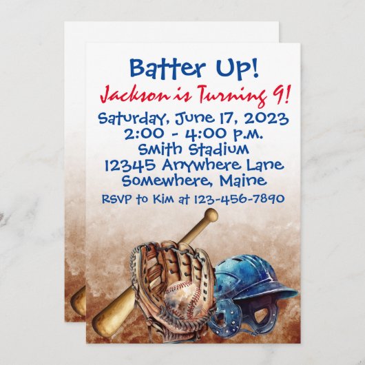 Uitnodigingen voor de verjaardag van honkbalslagma (Voorkant / Achterkant)