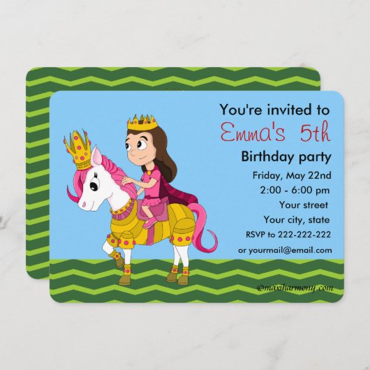 Uitnodigingen voor de verjaardag van prinses en po (Voorkant / Achterkant)