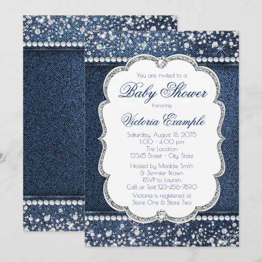 Uitnodigingen voor Denim Diamond Baby Shower (Voorkant / Achterkant)