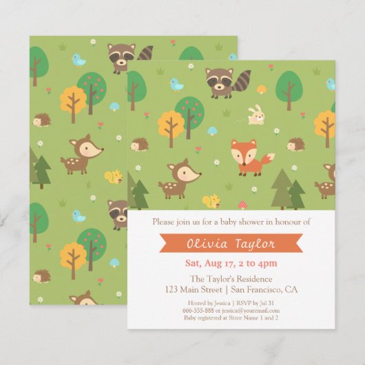 Uitnodigingen voor een baby shower met een bosdier (Voorkant / Achterkant)