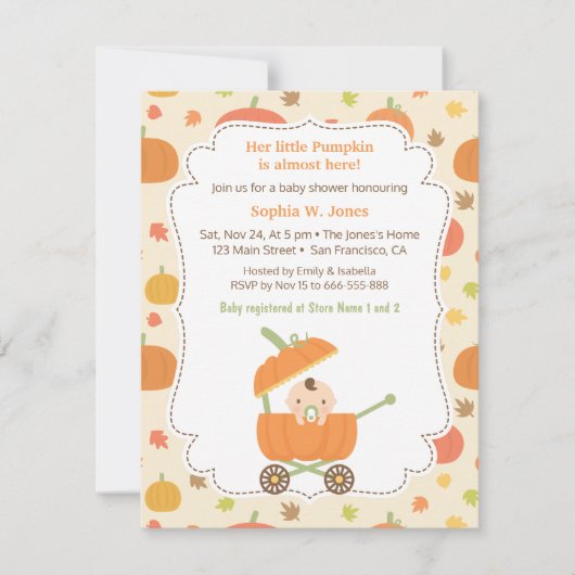 Uitnodigingen voor een babyborrel met pompoenkarre (Voorkant)